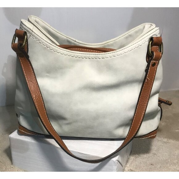 B.Ø.C Double Handle White & Brown Faux Leather Purse With Front Turn-Lock & Zipp - Picture 4 of 16